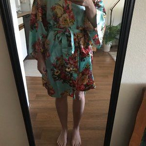 Turquoise Floral Satin Bridesmaid Robe